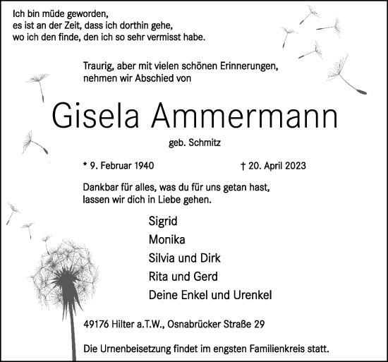 Traueranzeige von Gisela Ammermann von Neue Osnabrücker Zeitung GmbH & Co. KG