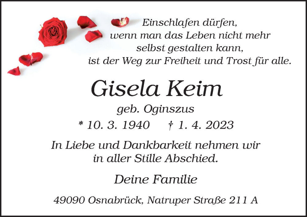  Traueranzeige für Gisela Keim vom 08.04.2023 aus Neue Osnabrücker Zeitung GmbH & Co. KG