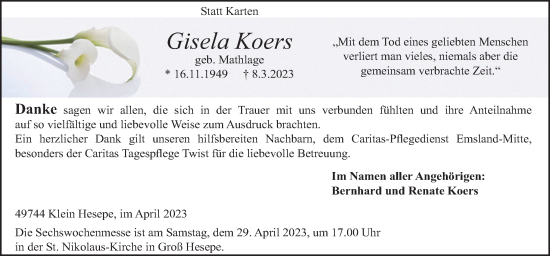 Traueranzeige von Gisela Koers von Neue Osnabrücker Zeitung GmbH & Co. KG