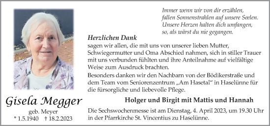 Traueranzeige von Gisela Megger von Neue Osnabrücker Zeitung GmbH & Co. KG