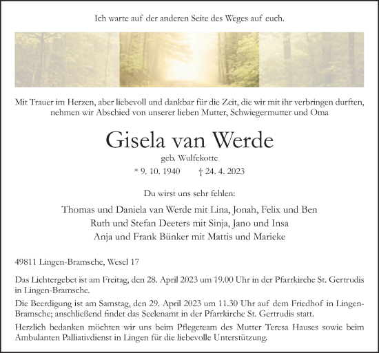 Traueranzeige von Gisela van Werde von Neue Osnabrücker Zeitung GmbH & Co. KG