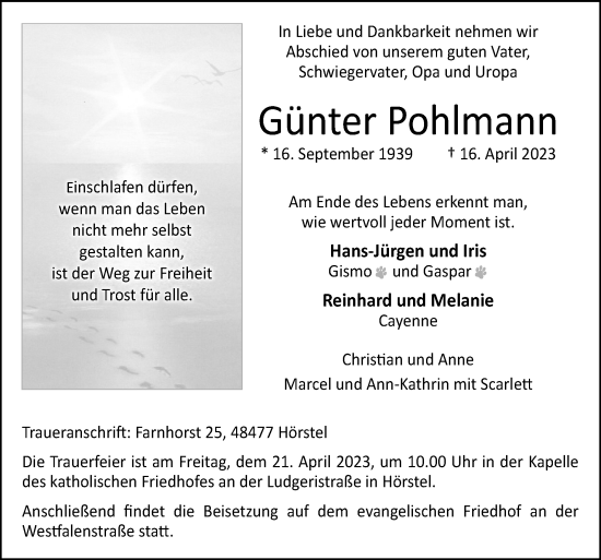 Traueranzeige von Günter Pohlmann von Neue Osnabrücker Zeitung GmbH & Co. KG