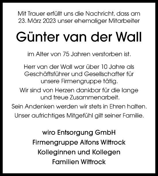 Traueranzeige von Günter van der Wall von Neue Osnabrücker Zeitung GmbH & Co. KG