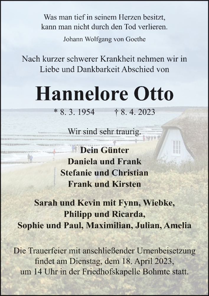 Traueranzeige für Hannelore Otto vom 15.04.2023 aus Neue Osnabrücker Zeitung GmbH & Co. KG