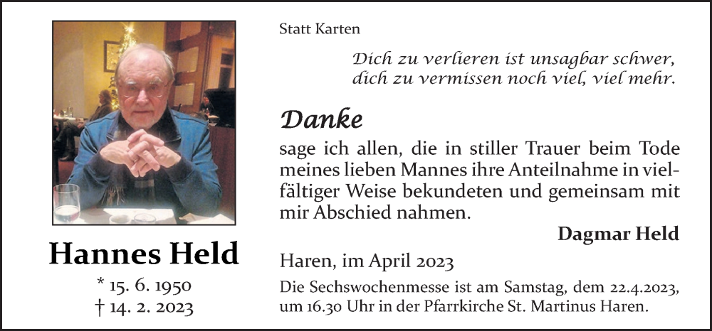  Traueranzeige für Hannes Held vom 18.04.2023 aus Neue Osnabrücker Zeitung GmbH & Co. KG