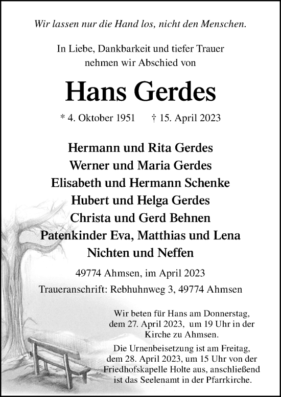 Traueranzeige von Hans Gerdes von Neue Osnabrücker Zeitung GmbH & Co. KG