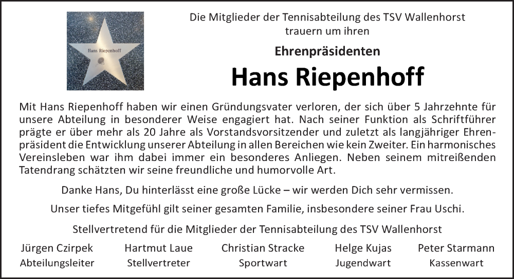  Traueranzeige für Hans Riepenhoff vom 22.04.2023 aus Neue Osnabrücker Zeitung GmbH & Co. KG