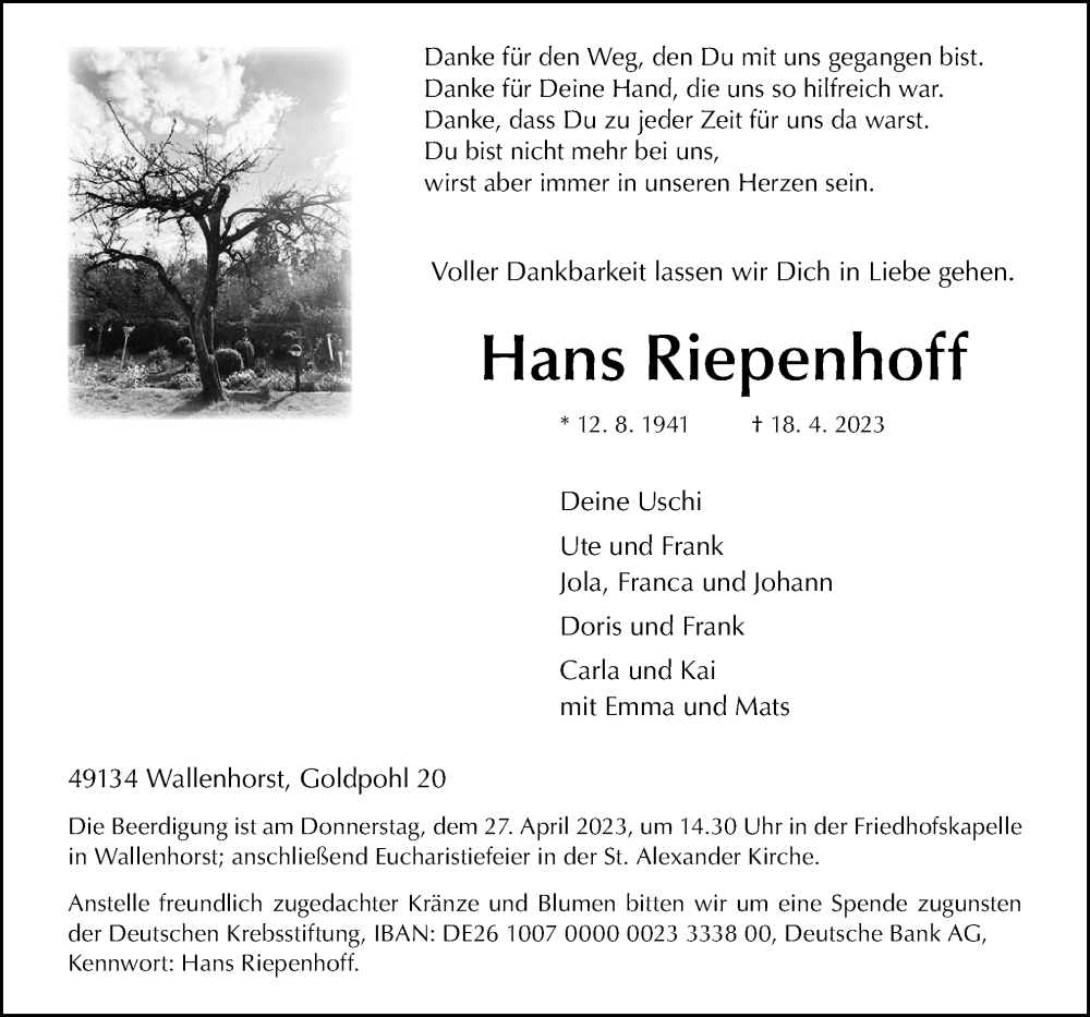  Traueranzeige für Hans Riepenhoff vom 22.04.2023 aus Neue Osnabrücker Zeitung GmbH & Co. KG