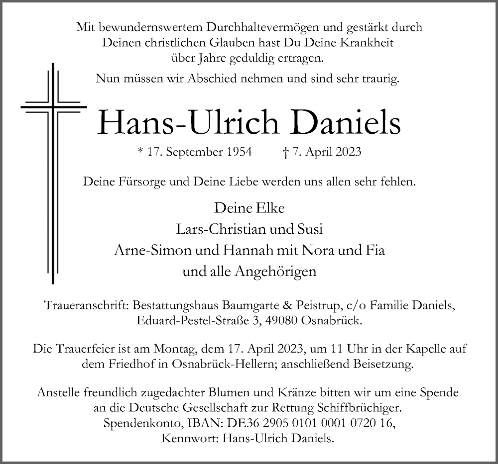  Traueranzeige für Hans-Ulrich Daniels vom 13.04.2023 aus Neue Osnabrücker Zeitung GmbH & Co. KG