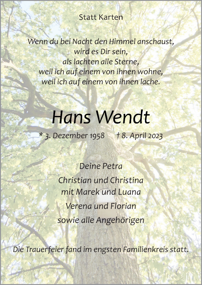  Traueranzeige für Hans Wendt vom 22.04.2023 aus Neue Osnabrücker Zeitung GmbH & Co. KG