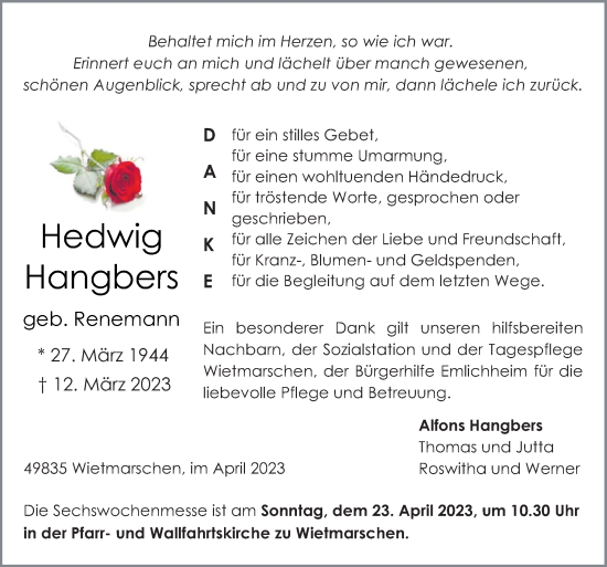 Traueranzeige von Hedwig Hangbers von Neue Osnabrücker Zeitung GmbH & Co. KG