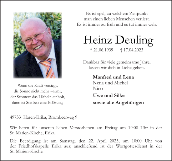 Traueranzeige von Heinz Deuling von Neue Osnabrücker Zeitung GmbH & Co. KG