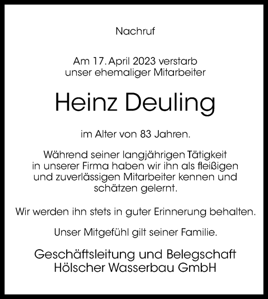 Traueranzeige von Heinz Deuling von Neue Osnabrücker Zeitung GmbH & Co. KG