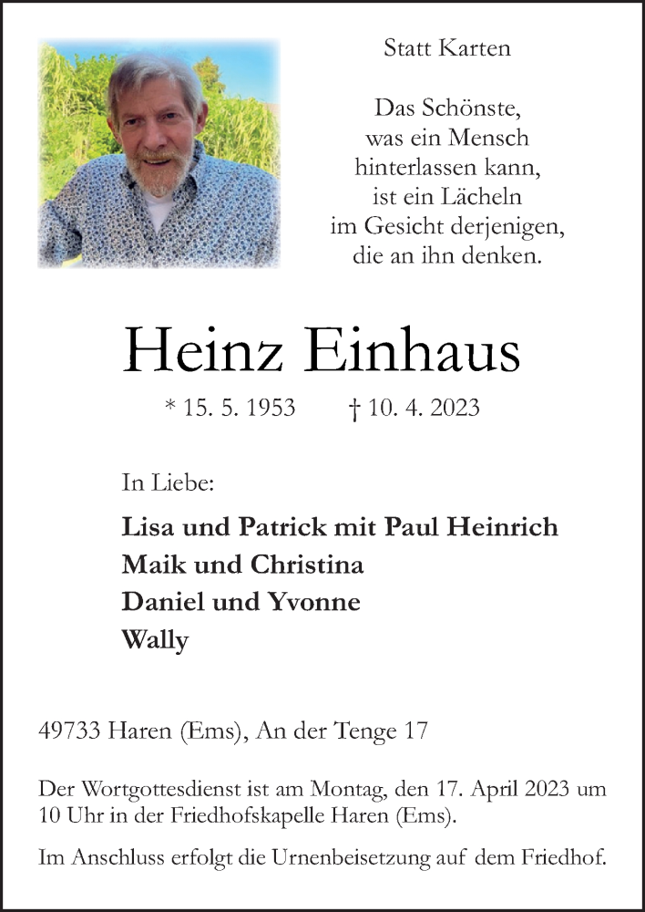  Traueranzeige für Heinz Einhaus vom 15.04.2023 aus Neue Osnabrücker Zeitung GmbH & Co. KG