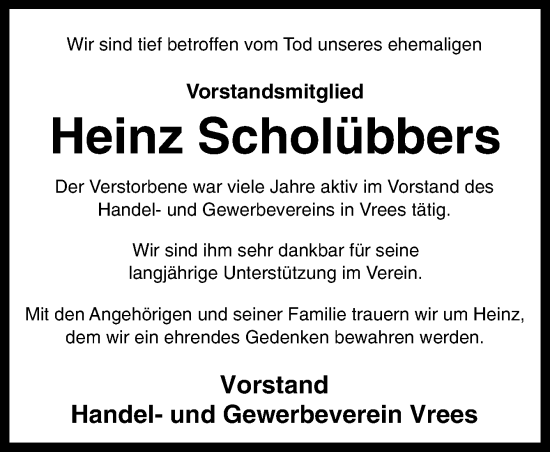 Traueranzeige von Heinz Scholübbers von Neue Osnabrücker Zeitung GmbH & Co. KG