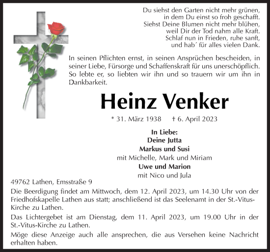 Traueranzeige von Heinz Venker von Neue Osnabrücker Zeitung GmbH & Co. KG