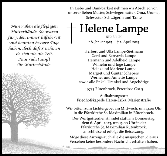 Traueranzeige von Helene Lampe von Neue Osnabrücker Zeitung GmbH & Co. KG