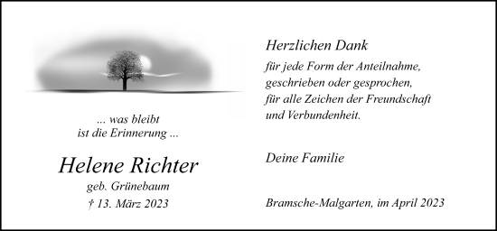 Traueranzeige von Helene Richter von Neue Osnabrücker Zeitung GmbH & Co. KG