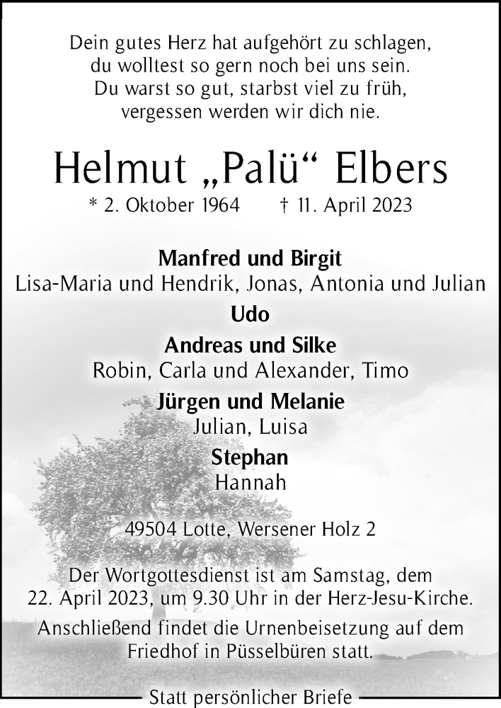  Traueranzeige für Helmut  Elbers vom 15.04.2023 aus Neue Osnabrücker Zeitung GmbH & Co. KG