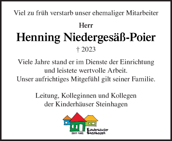 Traueranzeige von Henning Niedergesäß-Poier von Neue Osnabrücker Zeitung GmbH & Co. KG