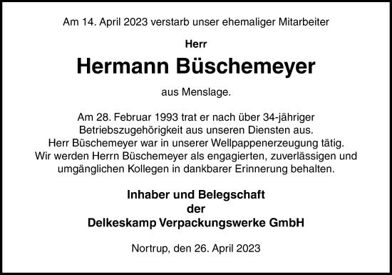 Traueranzeige von Hermann Büschemeyer von Neue Osnabrücker Zeitung GmbH & Co. KG