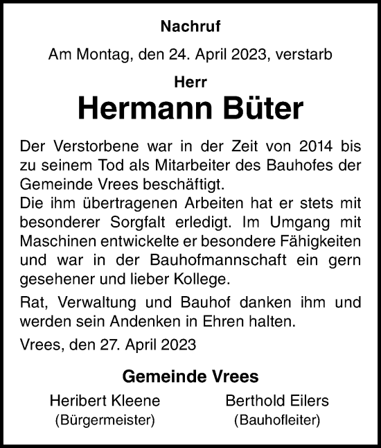 Traueranzeige von Hermann Büter von Neue Osnabrücker Zeitung GmbH & Co. KG