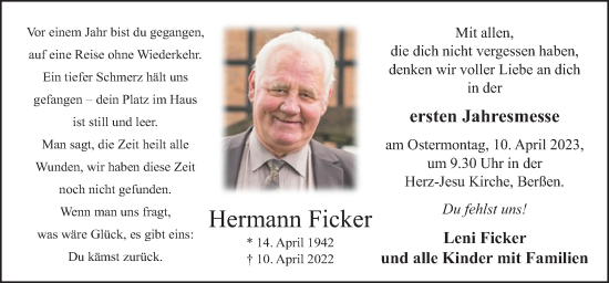 Traueranzeige von Hermann Ficker von Neue Osnabrücker Zeitung GmbH & Co. KG