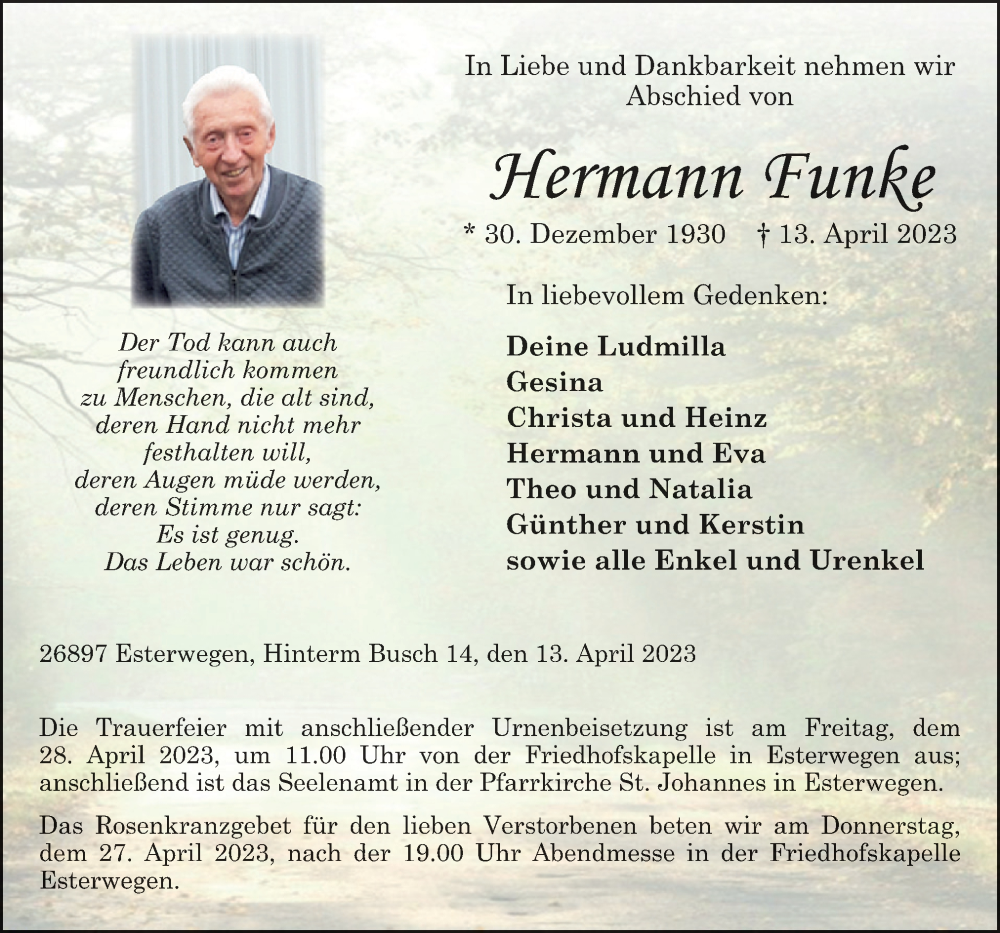  Traueranzeige für Hermann Funke vom 19.04.2023 aus Neue Osnabrücker Zeitung GmbH & Co. KG