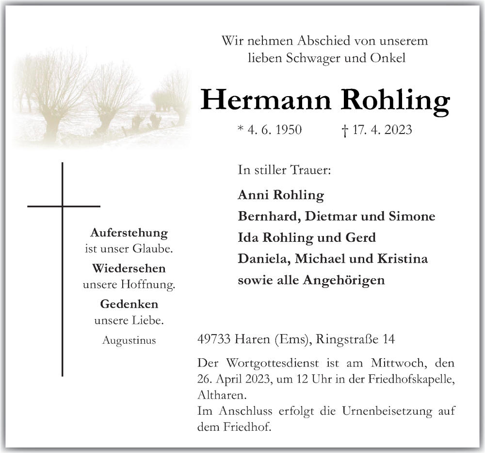  Traueranzeige für Hermann Rohling vom 22.04.2023 aus Neue Osnabrücker Zeitung GmbH & Co. KG