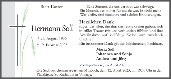 Traueranzeige von Hermann Sall von Neue Osnabrücker Zeitung GmbH & Co. KG