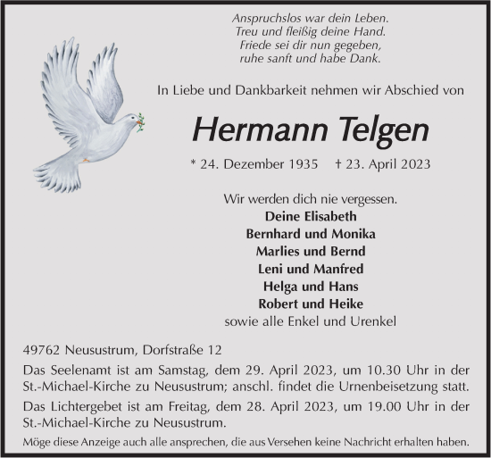 Traueranzeige von Hermann Telgen von Neue Osnabrücker Zeitung GmbH & Co. KG