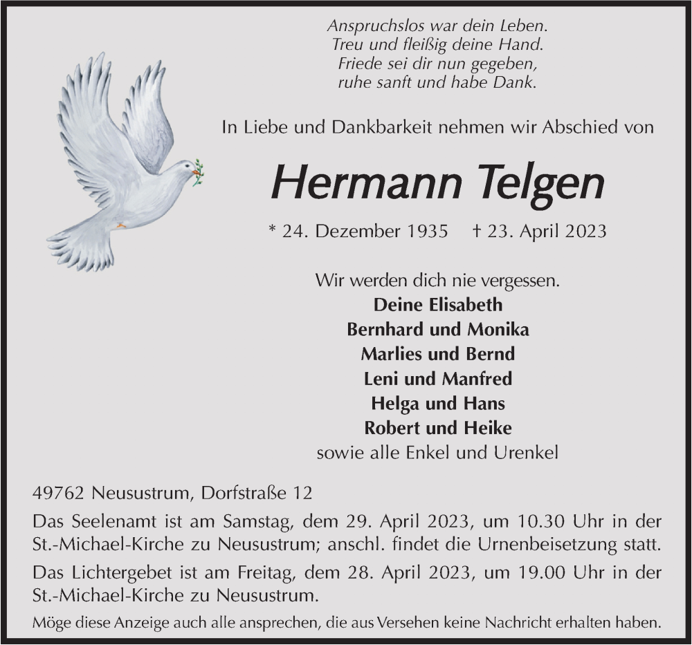  Traueranzeige für Hermann Telgen vom 26.04.2023 aus Neue Osnabrücker Zeitung GmbH & Co. KG