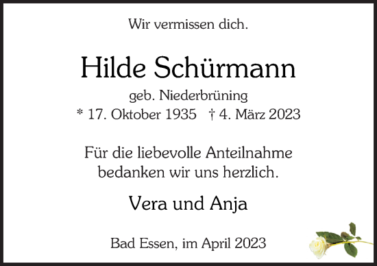 Traueranzeige von Hilde Schürmann von Neue Osnabrücker Zeitung GmbH & Co. KG