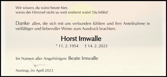 Traueranzeige von Horst Imwalle von Neue Osnabrücker Zeitung GmbH & Co. KG