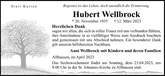 Traueranzeige von Hubert Wellbrock von Neue Osnabrücker Zeitung GmbH & Co. KG