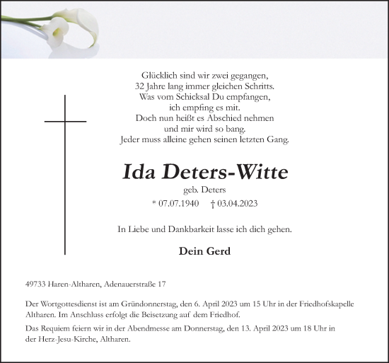 Traueranzeige von Ida Deters-Witte von Neue Osnabrücker Zeitung GmbH & Co. KG