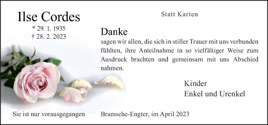 Traueranzeige von Ilse Cordes von Neue Osnabrücker Zeitung GmbH & Co. KG