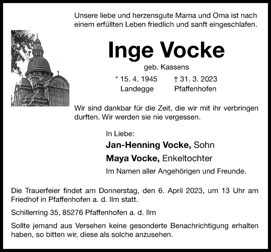 Traueranzeige von Inge Vocke von Neue Osnabrücker Zeitung GmbH & Co. KG