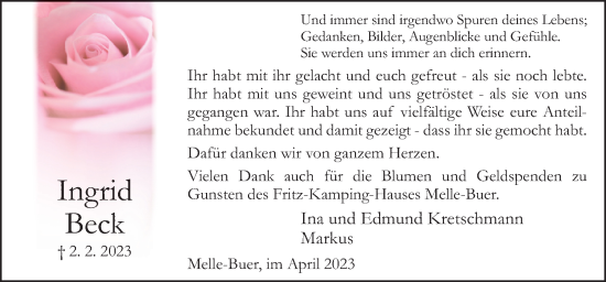 Traueranzeige von Ingrid Beck von Neue Osnabrücker Zeitung GmbH & Co. KG