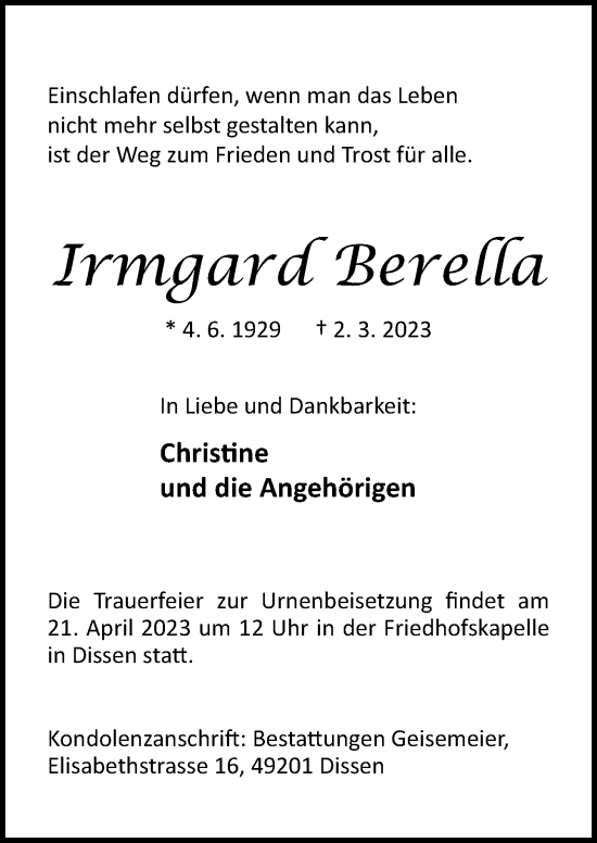 Traueranzeige von Irmgard Berella von Neue Osnabrücker Zeitung GmbH & Co. KG