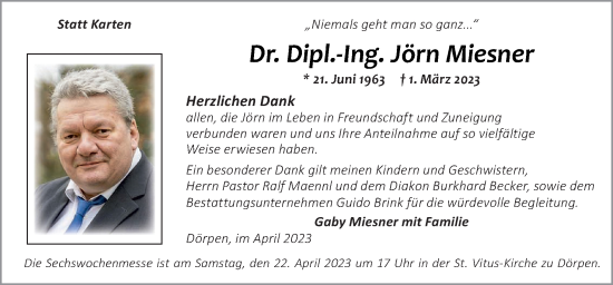 Traueranzeige von Jörn Miesner von Neue Osnabrücker Zeitung GmbH & Co. KG