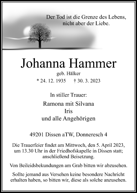 Traueranzeige von Johanna Hammer von Neue Osnabrücker Zeitung GmbH & Co. KG