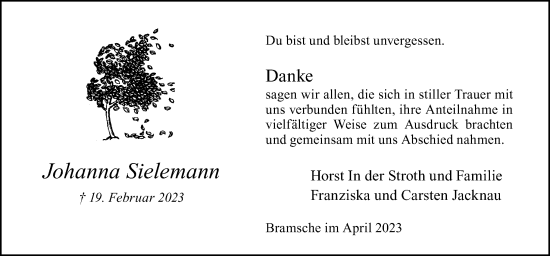 Traueranzeige von Johanna Sielemann von Neue Osnabrücker Zeitung GmbH & Co. KG