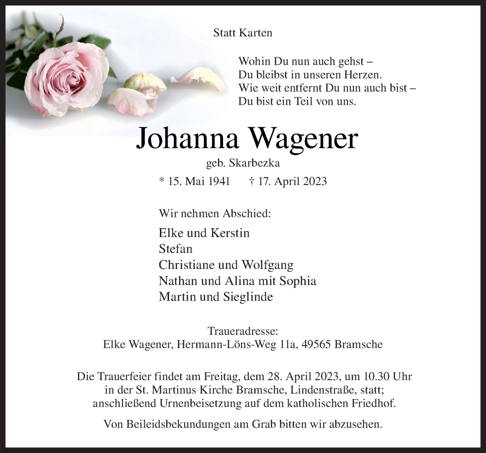  Traueranzeige für Johanna Wagener vom 22.04.2023 aus Neue Osnabrücker Zeitung GmbH & Co. KG