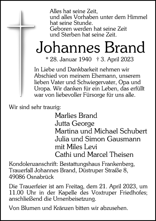 Traueranzeige von Johannes Brand von Neue Osnabrücker Zeitung GmbH & Co. KG