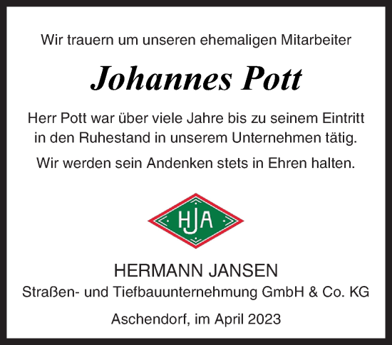 Traueranzeige von Johannes Pott von Neue Osnabrücker Zeitung GmbH & Co. KG