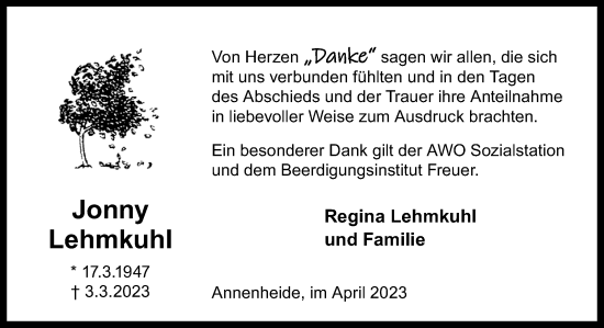 Traueranzeige von Jonny Lehmkuhl von DK Medien GmbH & Co. KG