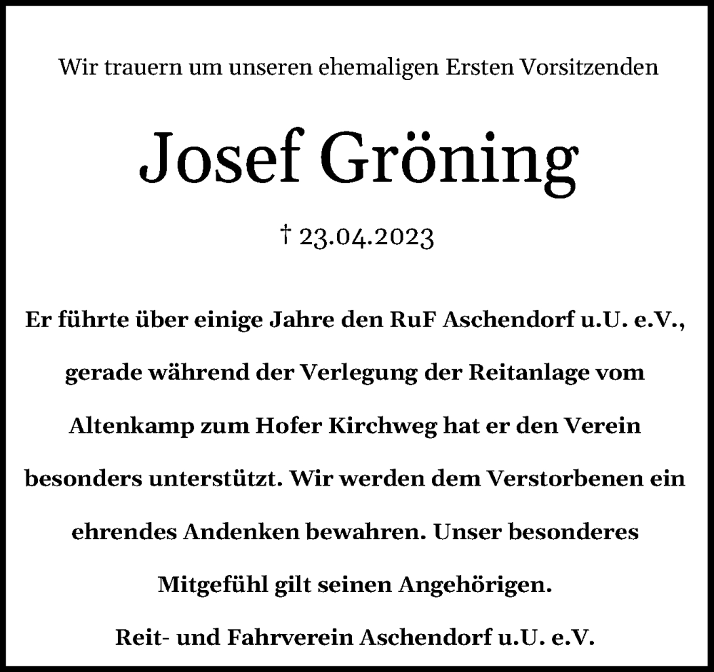  Traueranzeige für Josef Gröning vom 29.04.2023 aus Neue Osnabrücker Zeitung GmbH & Co. KG