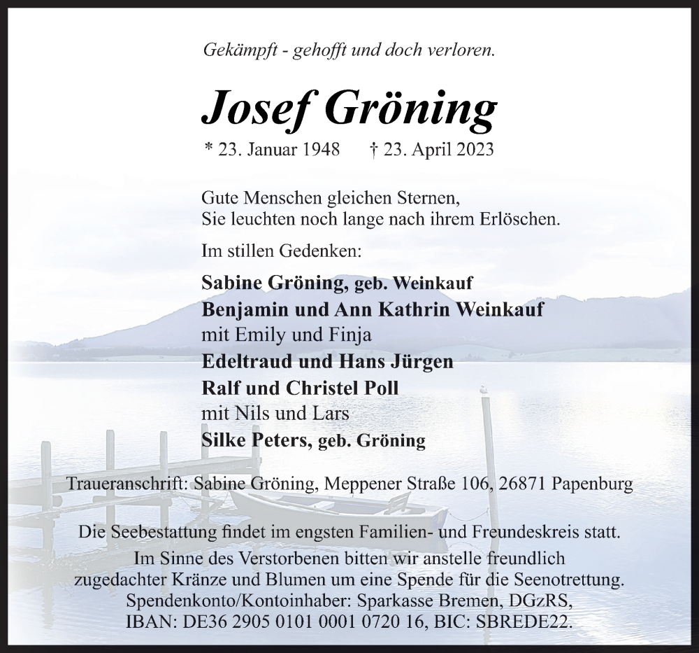  Traueranzeige für Josef Gröning vom 25.04.2023 aus Neue Osnabrücker Zeitung GmbH & Co. KG