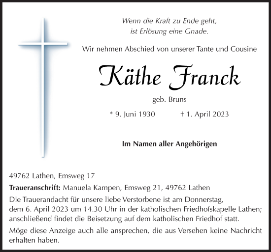 Traueranzeige von Käthe Franck von Neue Osnabrücker Zeitung GmbH & Co. KG